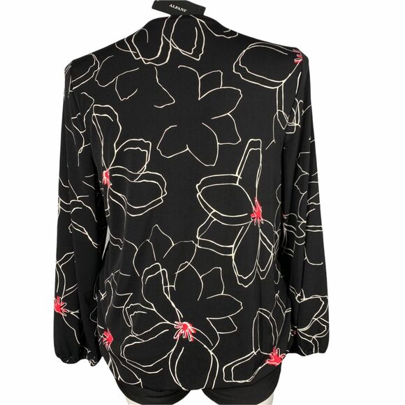 Alfani Womens Blouse Top Faux Wrap Floral Print Long Sleeves Black White Pink L - Picture 8 of 15
